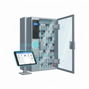 Digital illustration of a smart car dealer key cabinet integrated with real-time tracking software.