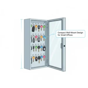 A space-saving and compact car dealer key cabinet designed for wall-mount installation in small offices.