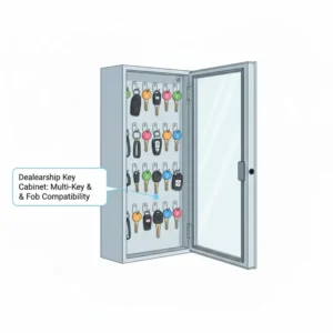 Illustration of a car dealer key cabinet compatible with both traditional keys and modern smart fobs.
