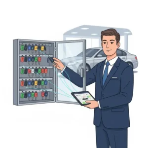 Salesperson using a car dealer key cabinet to securely retrieve a vehicle key for a customer test drive.