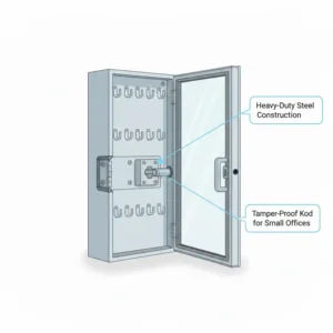 Close-up illustration showing the heavy-duty steel construction of a professional car dealer key cabinet.