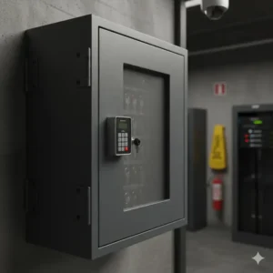 A heavy-duty steel dealer key cabinet with a reinforced locking mechanism for maximum security.