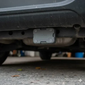 A small magnetic key box for car hidden underneath a vehicle chassis for emergency access.