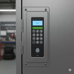 Close-up of a digital electronic keypad lock on a secure car key cabinet.