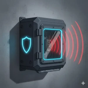 Digital illustration of a heavy-duty auto key box protecting a car remote from theft.