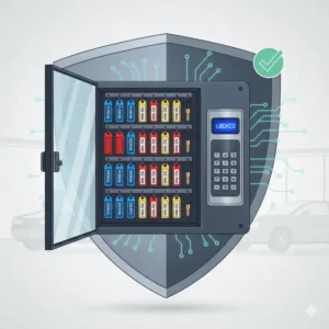 Illustration of a secure metal car dealership key box with a digital keypad lock for dealership safety.