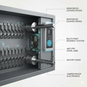 Detailed diagram showing the internal security and reinforced locking hooks of a valet parking key box.