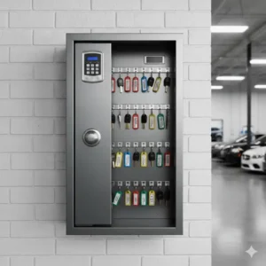 Illustration of a reinforced steel automotive key cabinet featuring a high-security electronic keypad lock.