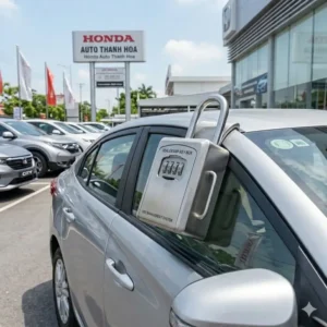 Close-up of a stainless steel dealership key lock box with a mechanical combination dial.