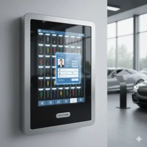 An advanced electronic dealer key cabinet featuring a touchscreen interface for digital tracking.