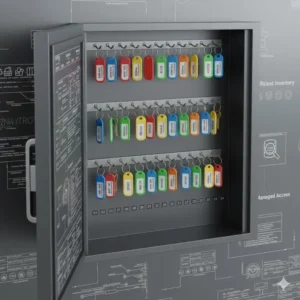 Detailed view of color-coded key tags and tracking labels inside an auto dealer key cabinet.