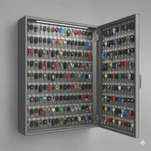 An open car key cabinet showing a large capacity storage system for vehicle remotes.