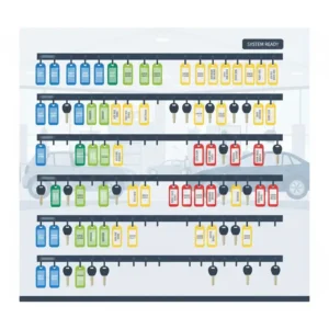 Graphic showing an organized car dealership key box management system for high-volume sales lots.