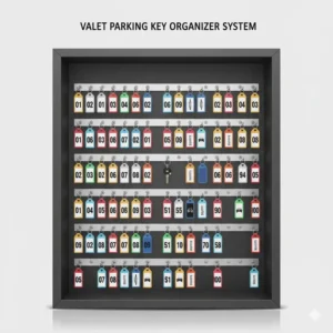 Internal view of an organized valet parking key box with numbered hooks and color-coded tags.
