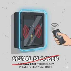 Illustration showing how an auto key box blocks RFID signals to prevent relay car theft.