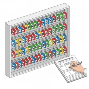 Digital illustration showing an organized automotive key cabinet with numbered hooks and a logbook for vehicle key tracking.