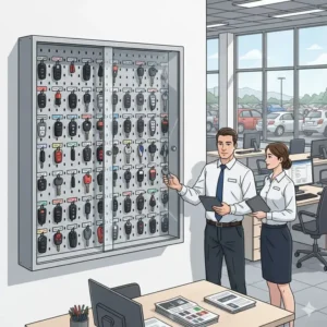 A professional auto key box system used for organizing vehicle keys in a car dealership office.