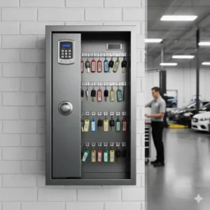 A wall-mounted automotive key cabinet inside a modern car dealership service center.