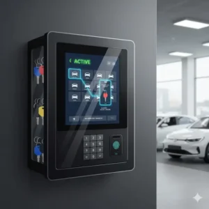 Illustration of an electronic car dealership key box with a touchscreen interface and tracking.
