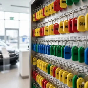 Close-up of organized numbered hooks inside a dealer key cabinet for efficient inventory management.