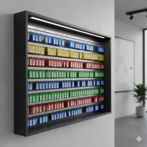 Color-coded tags and labels inside an organized car key cabinet for fleet management.