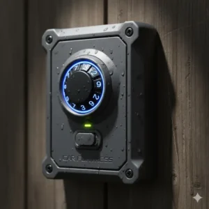 Close-up of a weather-resistant secure key box for car keys featuring a 4-digit code.