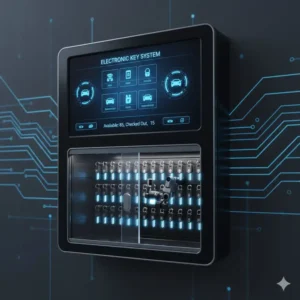 An advanced electronic auto dealer key cabinet with a digital touchscreen for smart inventory management.