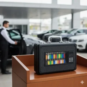 A compact and portable dealer key cabinet designed for valet parking services and small car lots.