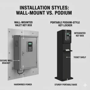 Comparison between a wall-mounted and a portable podium-style valet parking key box.