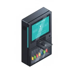 Illustration of a smart automotive key cabinet with a touchscreen interface for automated key dispensing.