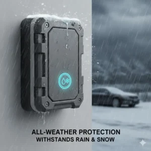 Illustration of a waterproof auto key box showing resistance against rain and snow.