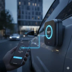 A modern smart key box for car sharing controlled via a smartphone app.