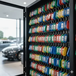 Interior view of an open dealer key cabinet showing color-coded tags and rows of vehicle keys.