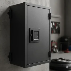 A 3D render of an industrial-grade automotive key cabinet showcasing scratch-resistant powder coating.