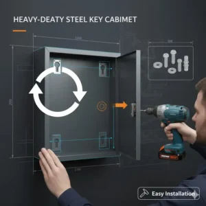 Step-by-step mounting guide for a heavy-duty steel auto dealer key cabinet in a service department.