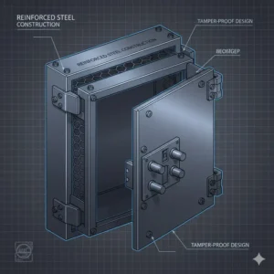 Technical diagram showing the reinforced steel construction of a professional car key cabinet.