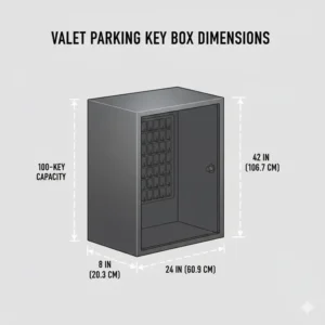 Technical drawing showing the exact dimensions and storage capacity of a valet parking key box.