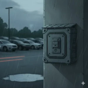 Illustration of a rugged weatherproof outdoor car dealership key box for secure lot access.