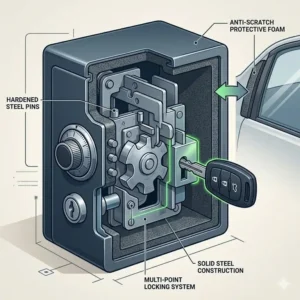 A black window-mount dealership key lock box installed on a vehicle side glass.