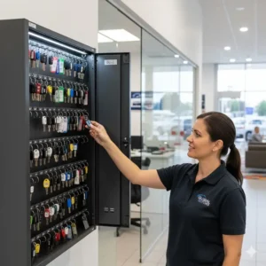 A dealership employee efficiently retrieving a vehicle fob from a large car key cabinet.