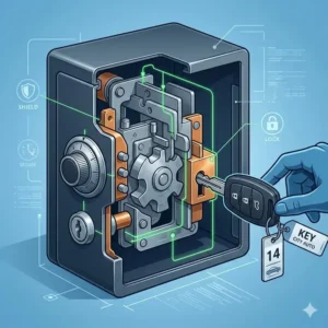 An electronic dealership key lock box with a digital keypad for keyless entry access.