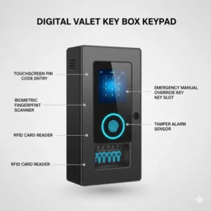 Close-up of a digital valet parking key box featuring a touchscreen PIN code and biometric access.