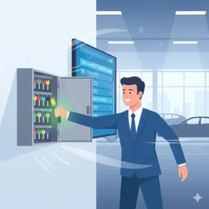 Illustration of a salesperson quickly retrieving keys from a car dealership key box locker.