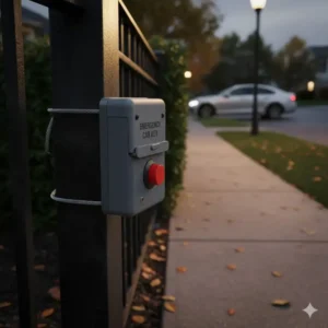 An emergency spare key box for car owners attached to a fence or railing.