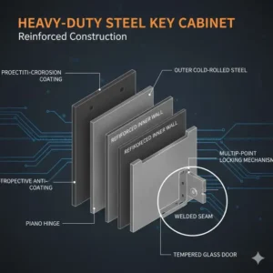 Technical cross-section showing the reinforced steel construction of a secure auto dealer key cabinet.
