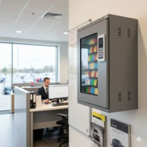 A professional dealer key cabinet installed in a car dealership service department office.