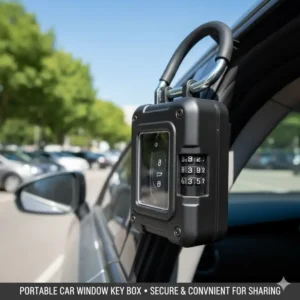 A portable auto key box designed to hang securely on a vehicle window for car sharing.