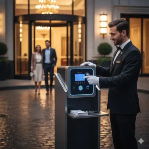 A professional valet attendant using a valet parking key box to manage guest vehicle keys securely.
