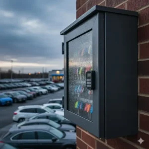 A weather-resistant dealer key cabinet designed for outdoor lot access and durability.