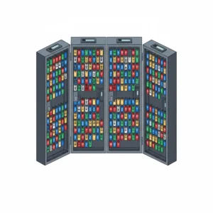 Illustration showcasing a multi-panel automotive key cabinet capable of holding over 100 sets of vehicle keys.